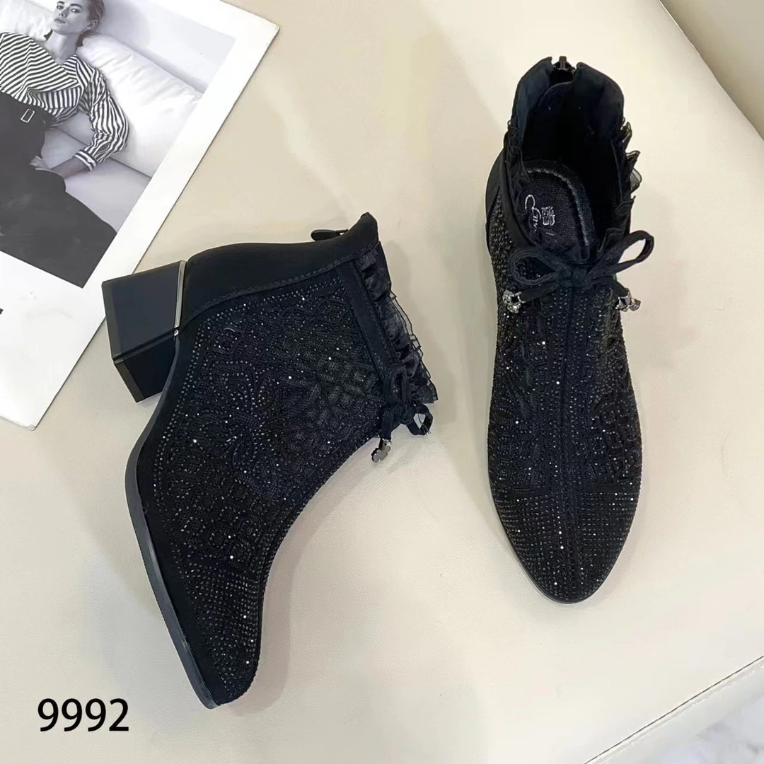 女士网纱短靴水钻新款春秋季粗跟透气凉靴平跟镂空网靴百搭女鞋子