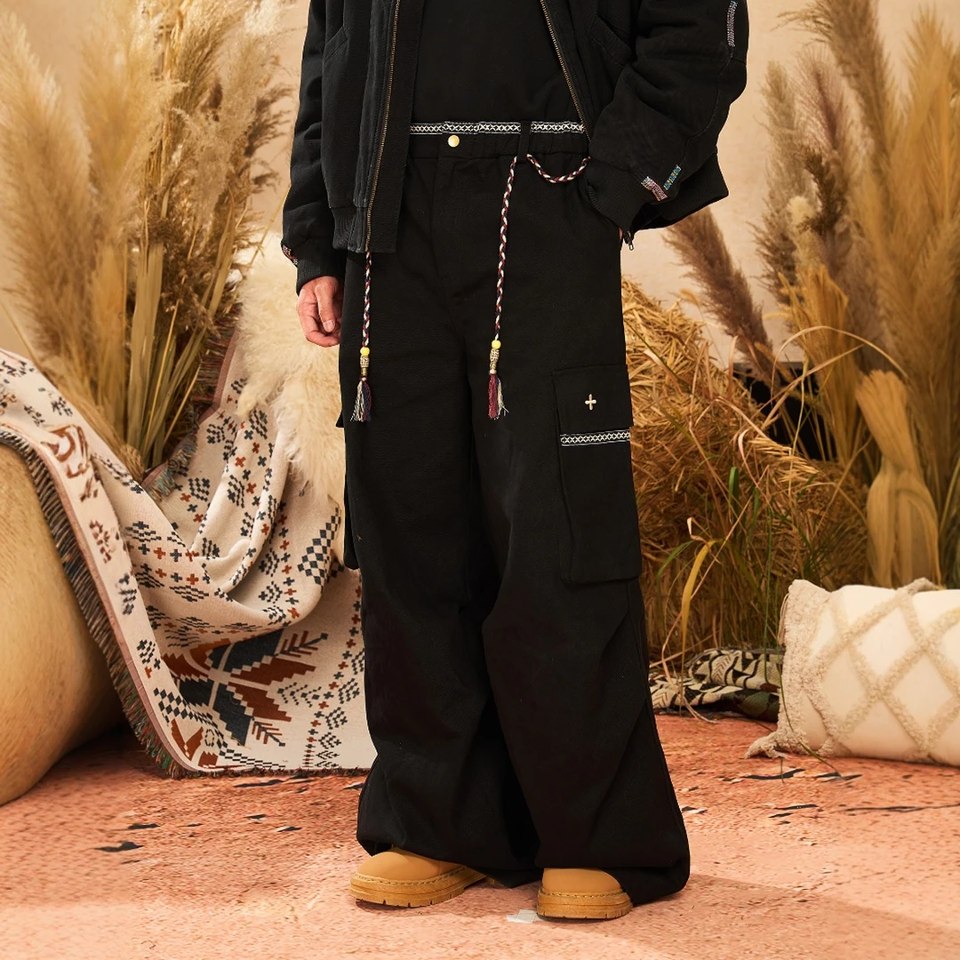 NSTNEW START发芽计划特别系列游牧感织带腰绳秋冬阔腿工装直筒裤