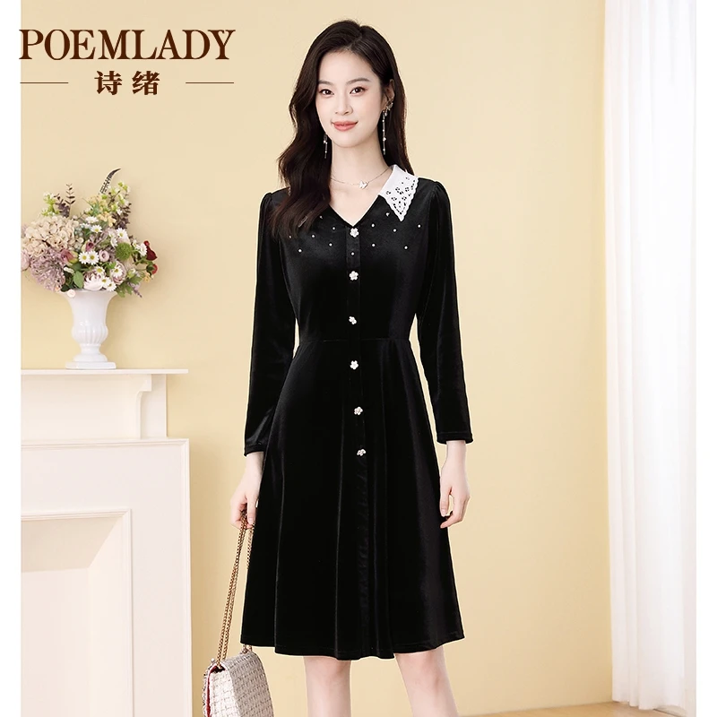 诗绪63039复古黑色翻领丝绒连衣裙女秋冬2023新款长袖A字裙中长裙