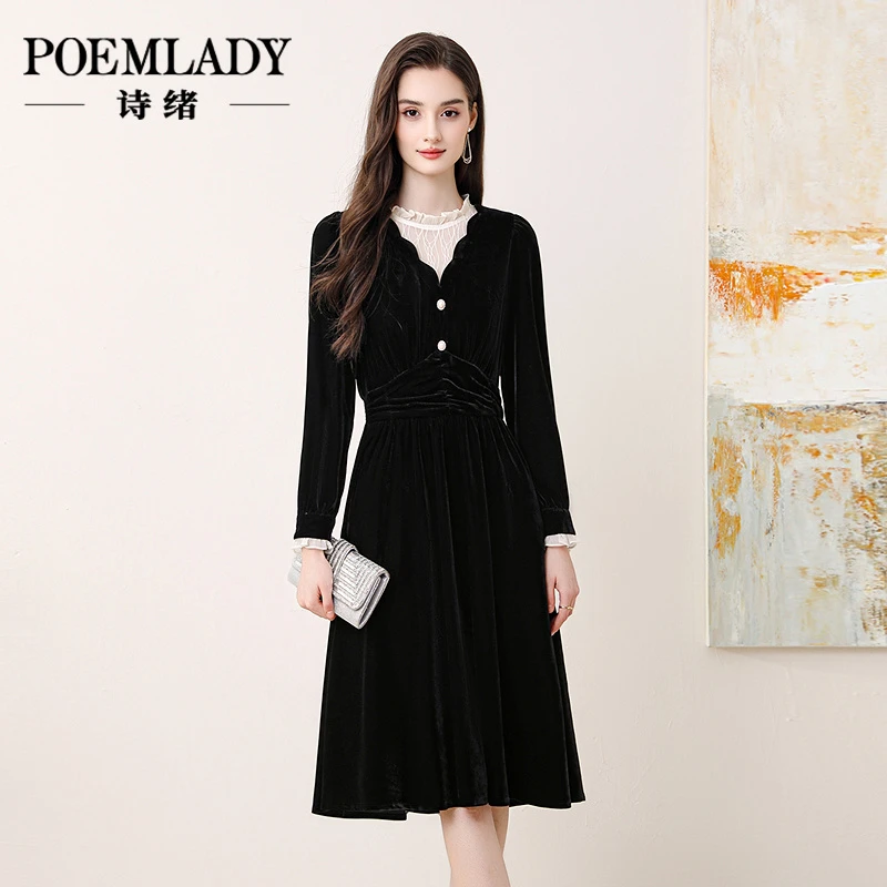 诗绪65540赫本风法式丝绒连衣裙2025秋冬新款气质假两件中长裙