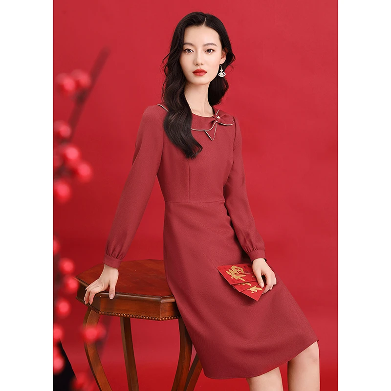 诗绪63857复古红色蝴蝶结圆领连衣裙女2024春季新款气质优雅中裙