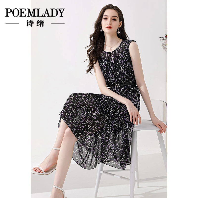 诗绪64871气质无袖圆领黑色连衣裙夏季2025新款收腰显瘦中长款