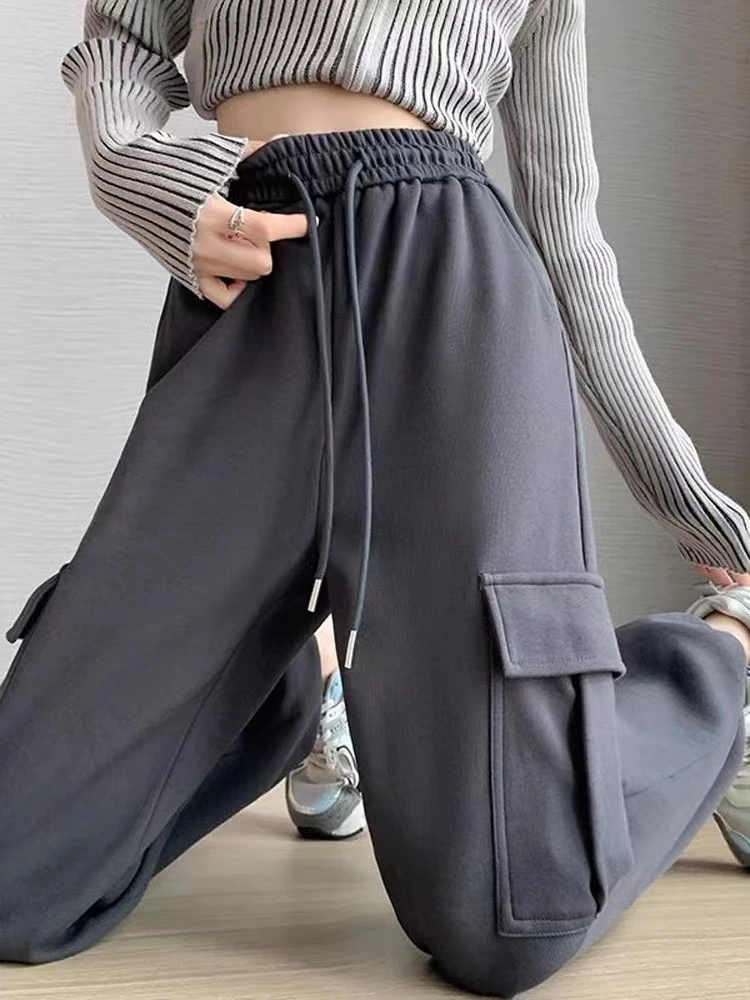 秋冬百搭女士工装裤休闲直筒束脚裤加绒运动裤显瘦高腰垂感