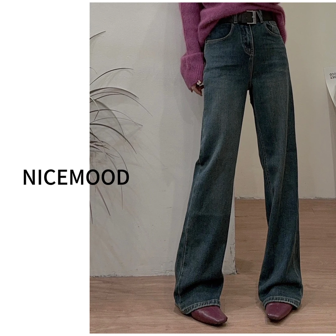 NICE心情 57189 不退换欧版加绒加厚植绒直筒牛仔裤
