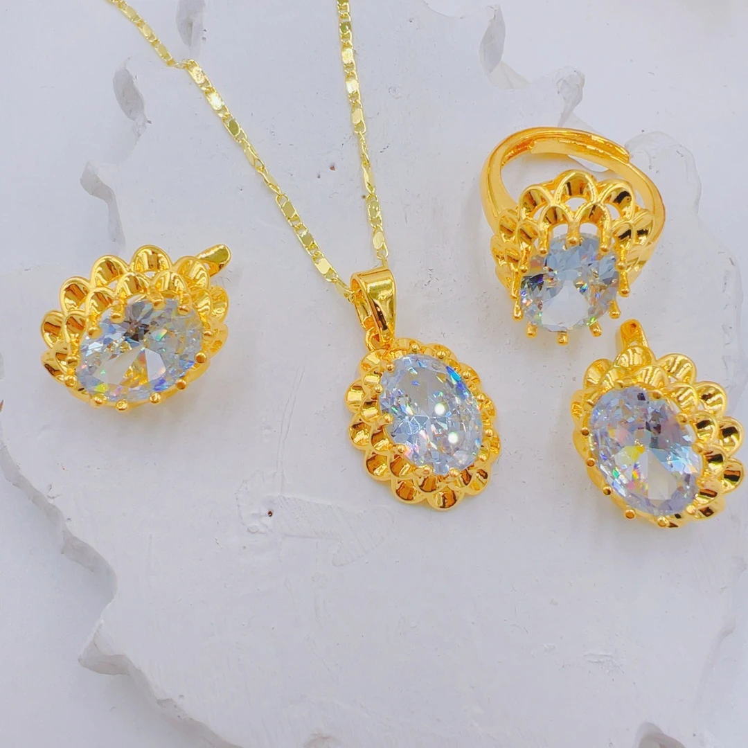 铜合金仿水晶吊坠 铜合金戒指三件套民族风三件套项链饰品高档