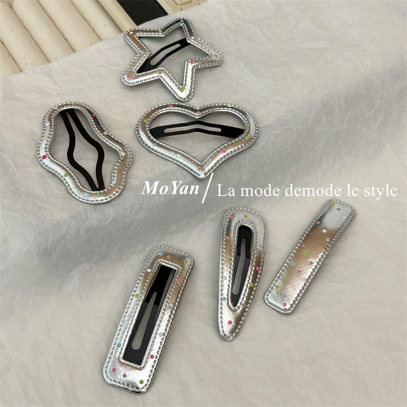 甜酷日韩发夹彩色波点bb夹色皮质属发夹侧边夹百搭几何边夹子