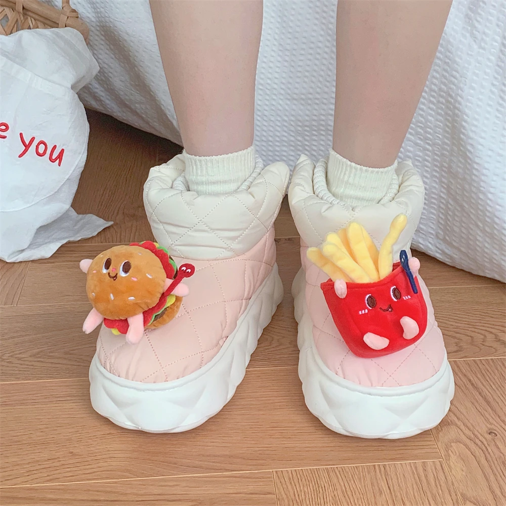 网红撞色厚底防滑外穿时尚雪地靴男女保暖加绒汉堡薯条情侣棉鞋冬