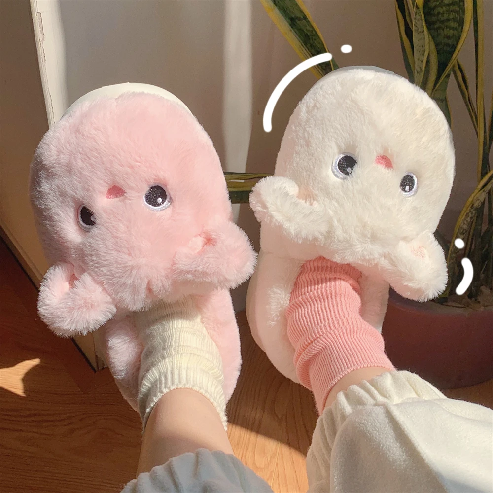 软萌可爱奶白色卡通小猫月子鞋舒适保暖包跟防滑冬季居家棉拖鞋女