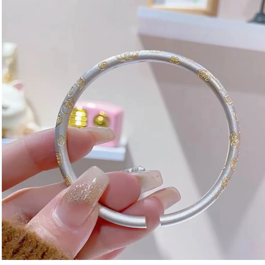足银手镯 鎏金吉言招财纳福足银实心开口手镯SY509