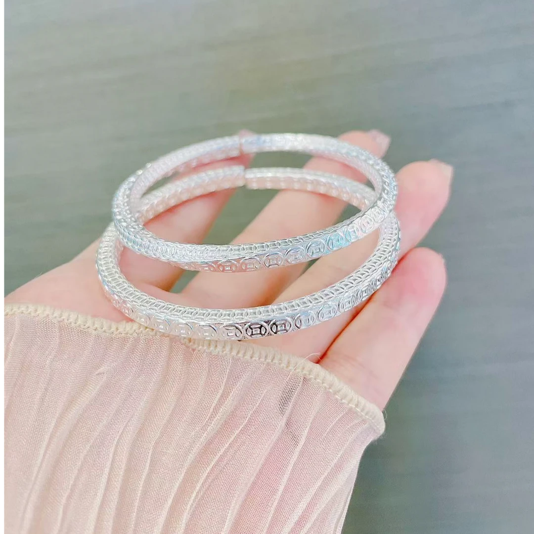 足银手镯 莫比乌斯铜钱精美开口时尚亮面足银实心手镯SY599