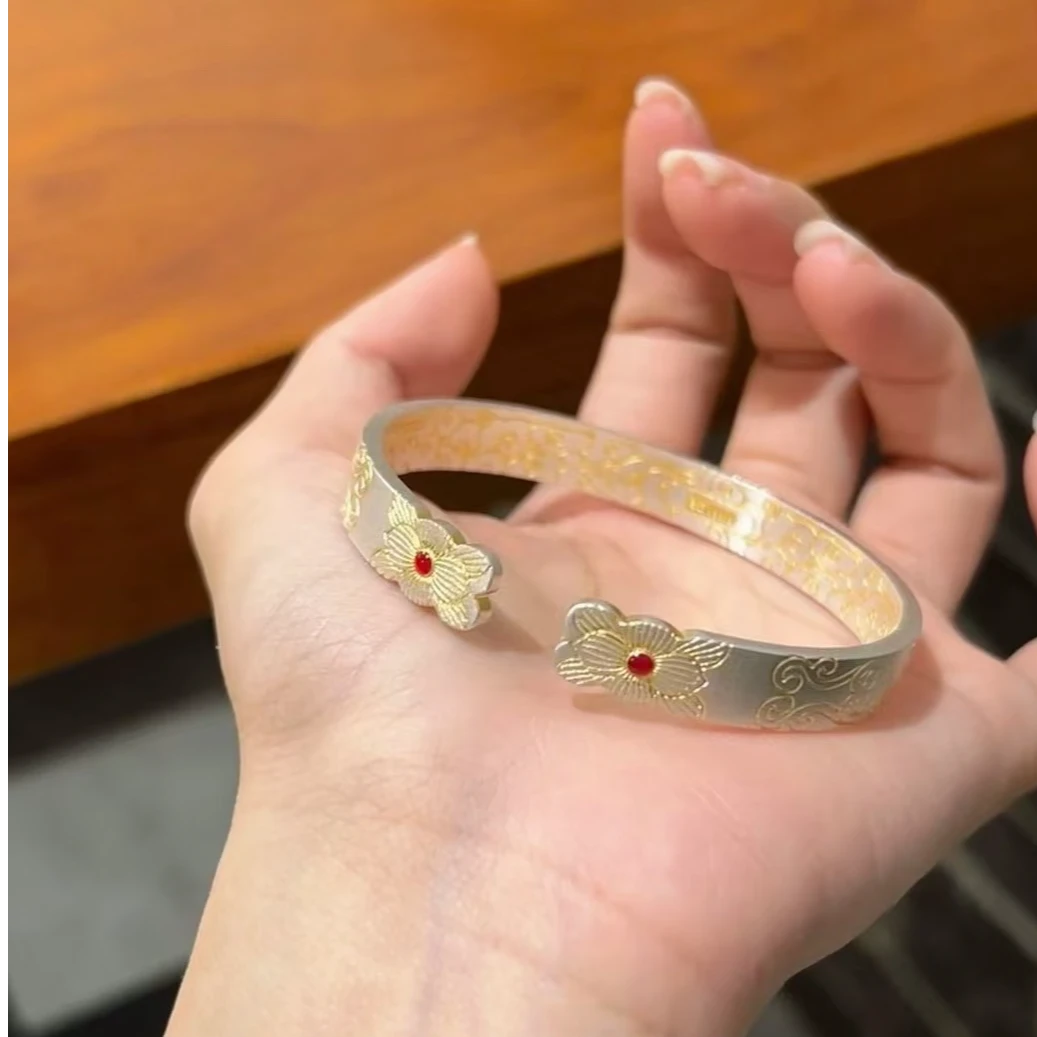 足银手镯 [描金海棠花民族风开口足银实心手镯SY559