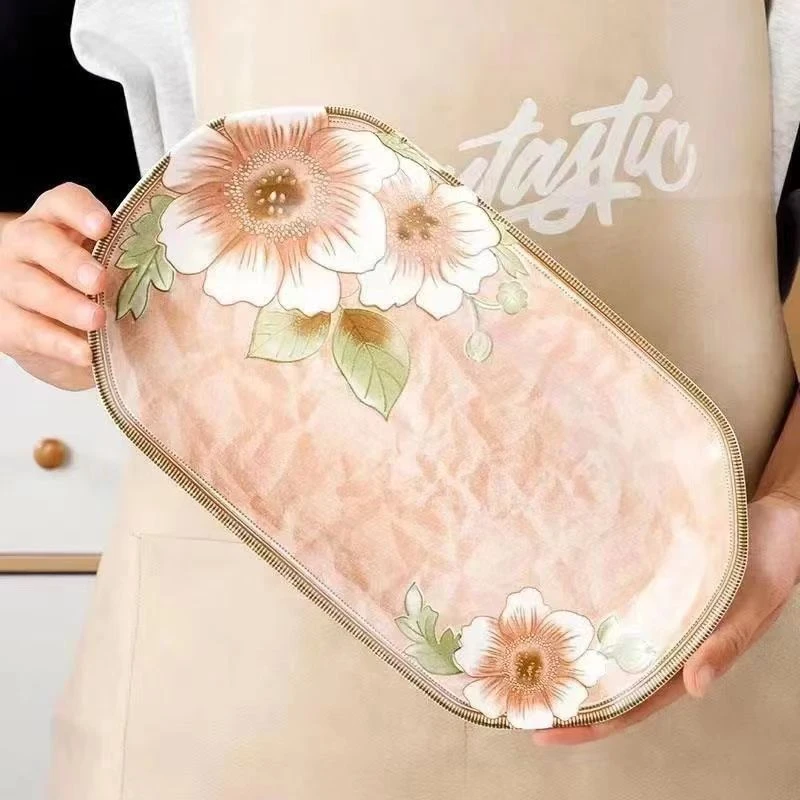 12英寸鱼盘2024新款日式山茶花长方形家用送人陶瓷复古风可微波炉