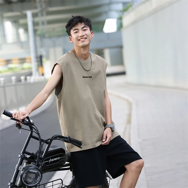 VR97夏季新款冰丝纯色无袖T恤衫男宽松透气运动健身坎肩背心