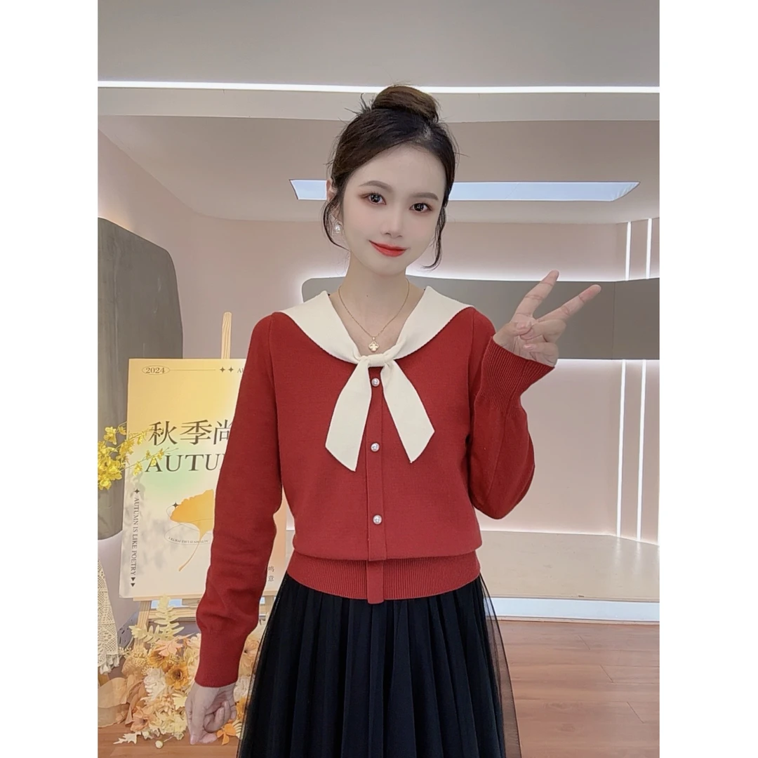 【特价福利】海军领新款气质时尚法式纯欲修身针织上衣长袖气质百搭