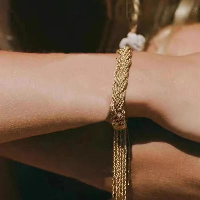黄铜手链 法国小众编织麻花流苏手链简约复古时尚轻奢中古做旧个