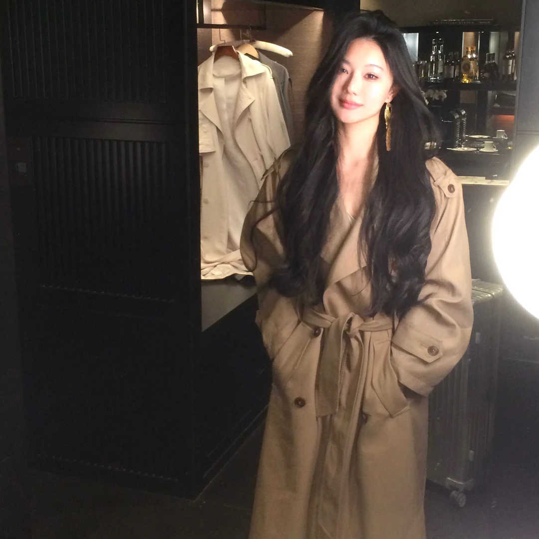 允儿专属【韩剧女二风】大翻领双排扣系带长款风衣外套CY-W24186