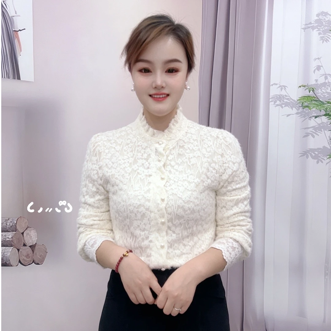 冬季新款加绒加厚木耳边领时尚百搭长袖气质打底紫色女士保暖