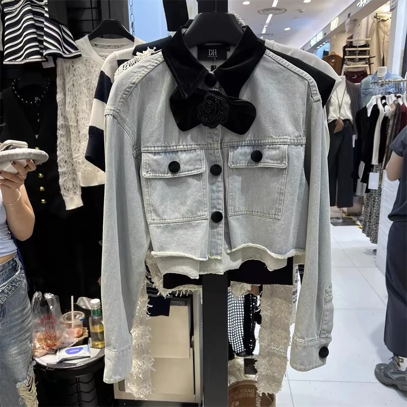 202时尚气质玫瑰花蝴蝶结撞色领浅蓝色短款毛边牛仔外套