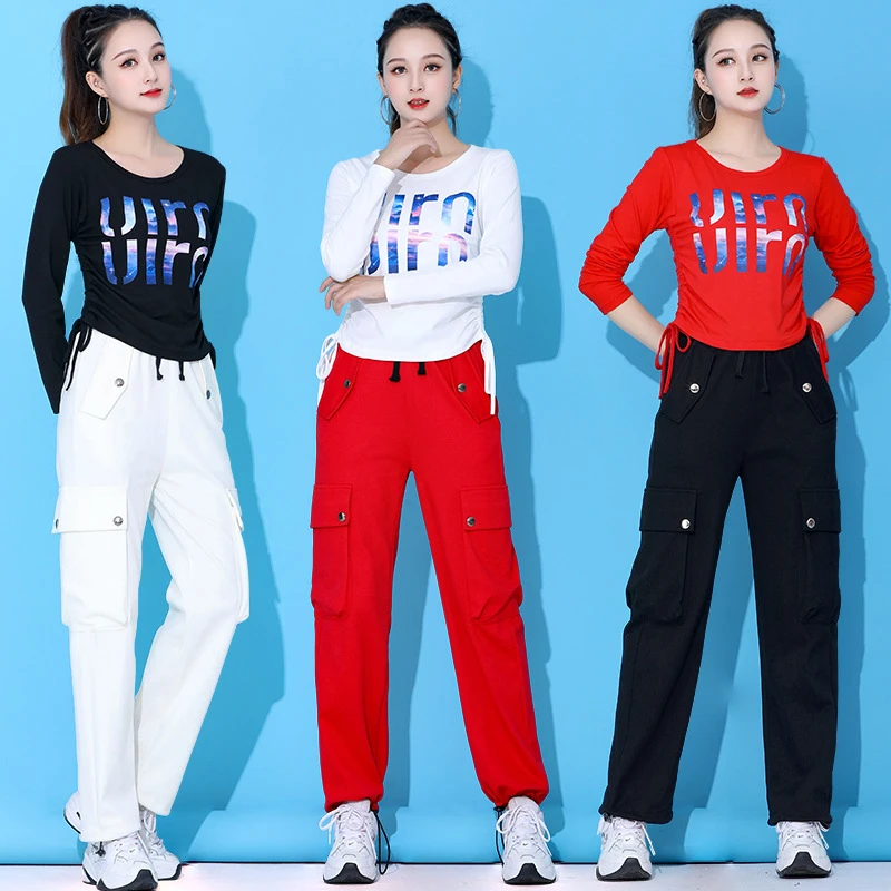时尚广场舞服装新款运动休闲套装长袖上衣女跳舞裤子宽松跳操服
