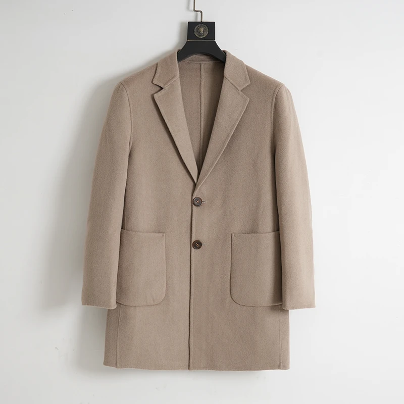 2024春季新款双面呢男外套男士中长款羊毛呢修身时尚休闲翻领3003