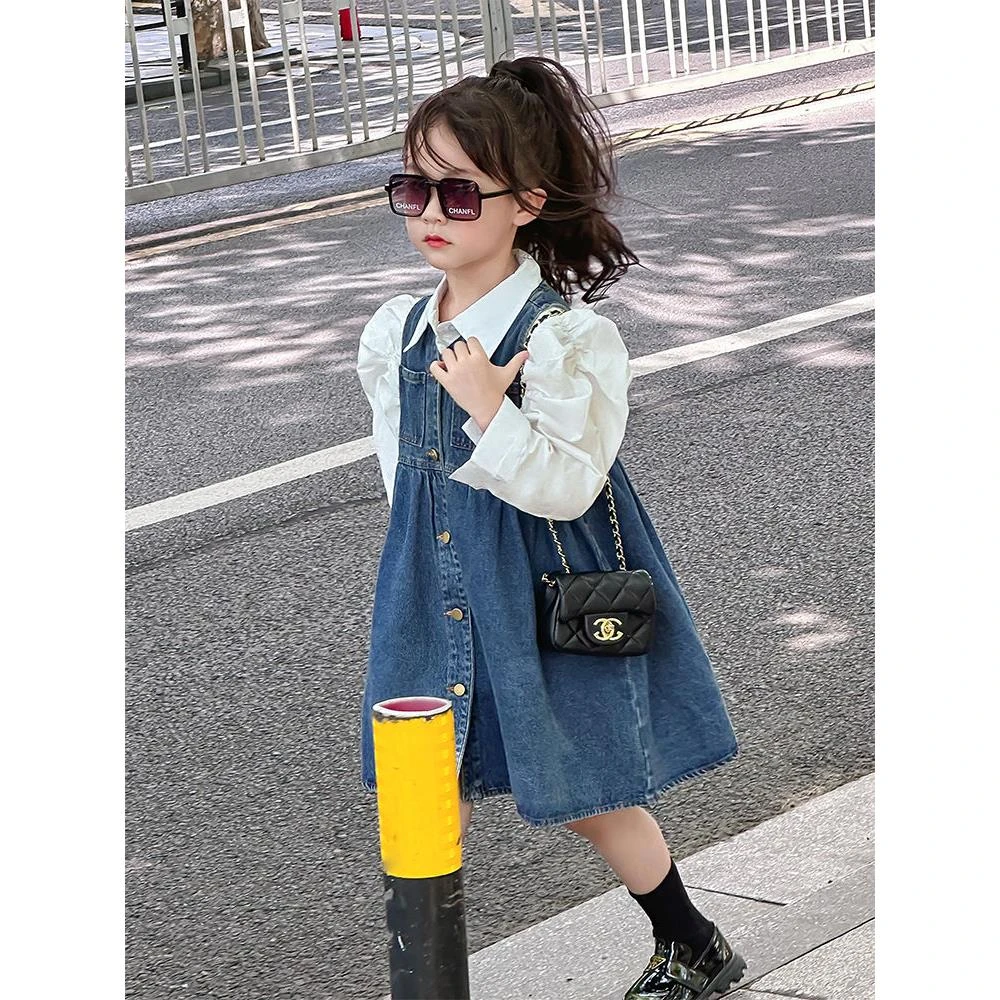 女童连衣裙时尚中大童春季女孩洋气韩版牛仔裙宽松时髦背带裙外穿