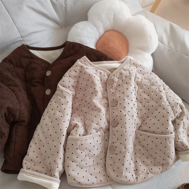 儿童秋冬款夹棉韩版棉衣2024女宝宝洋气时髦波点百搭加绒棉服外套