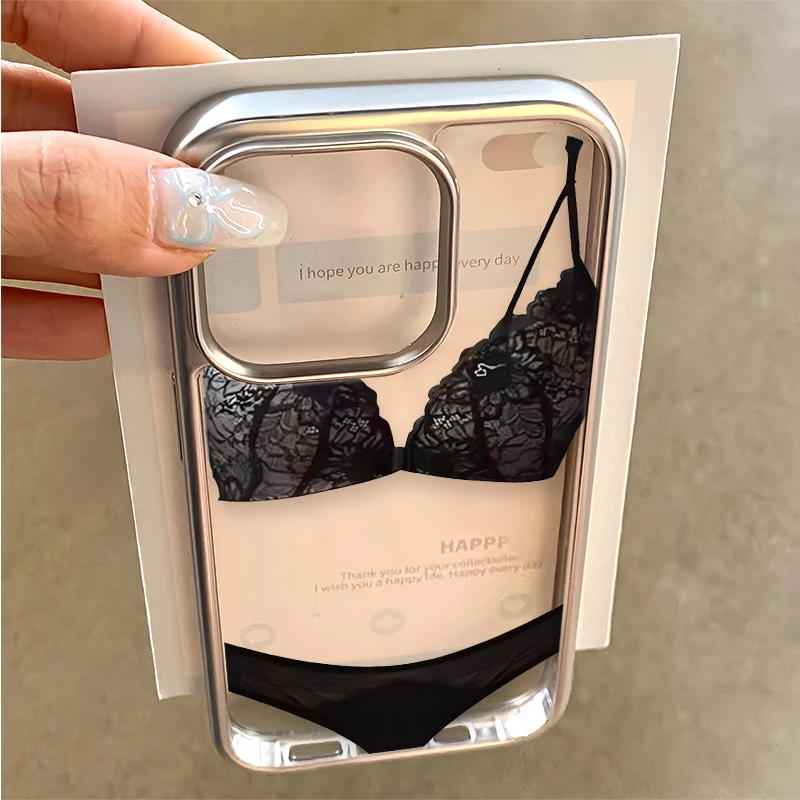 搞怪蕾丝内衣电镀框适用苹果15/14promax手机壳iPhone13/12镭射11