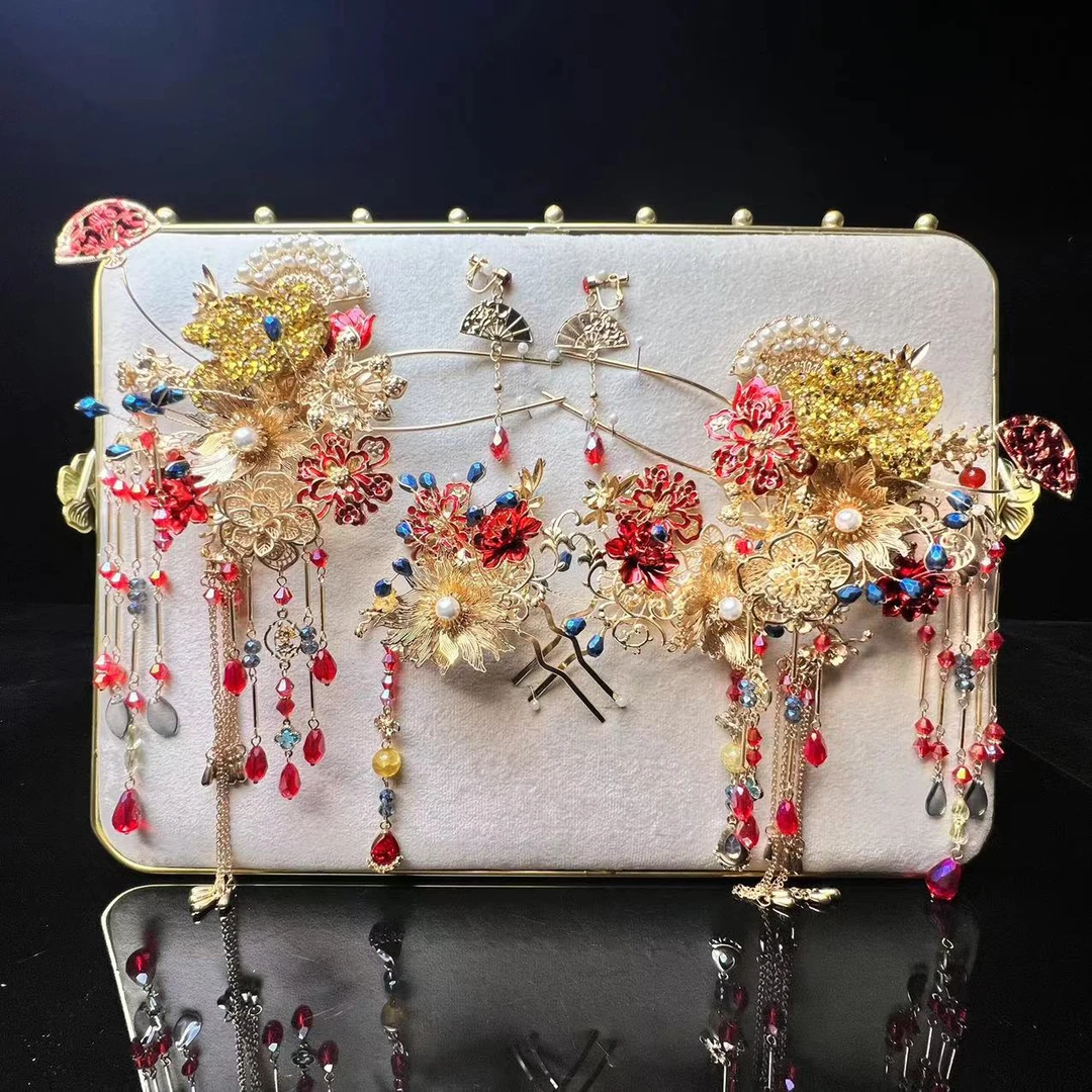 予禧-15196新娘大气头饰中式黄色古风汉服秀禾服龙凤褂流苏发饰品