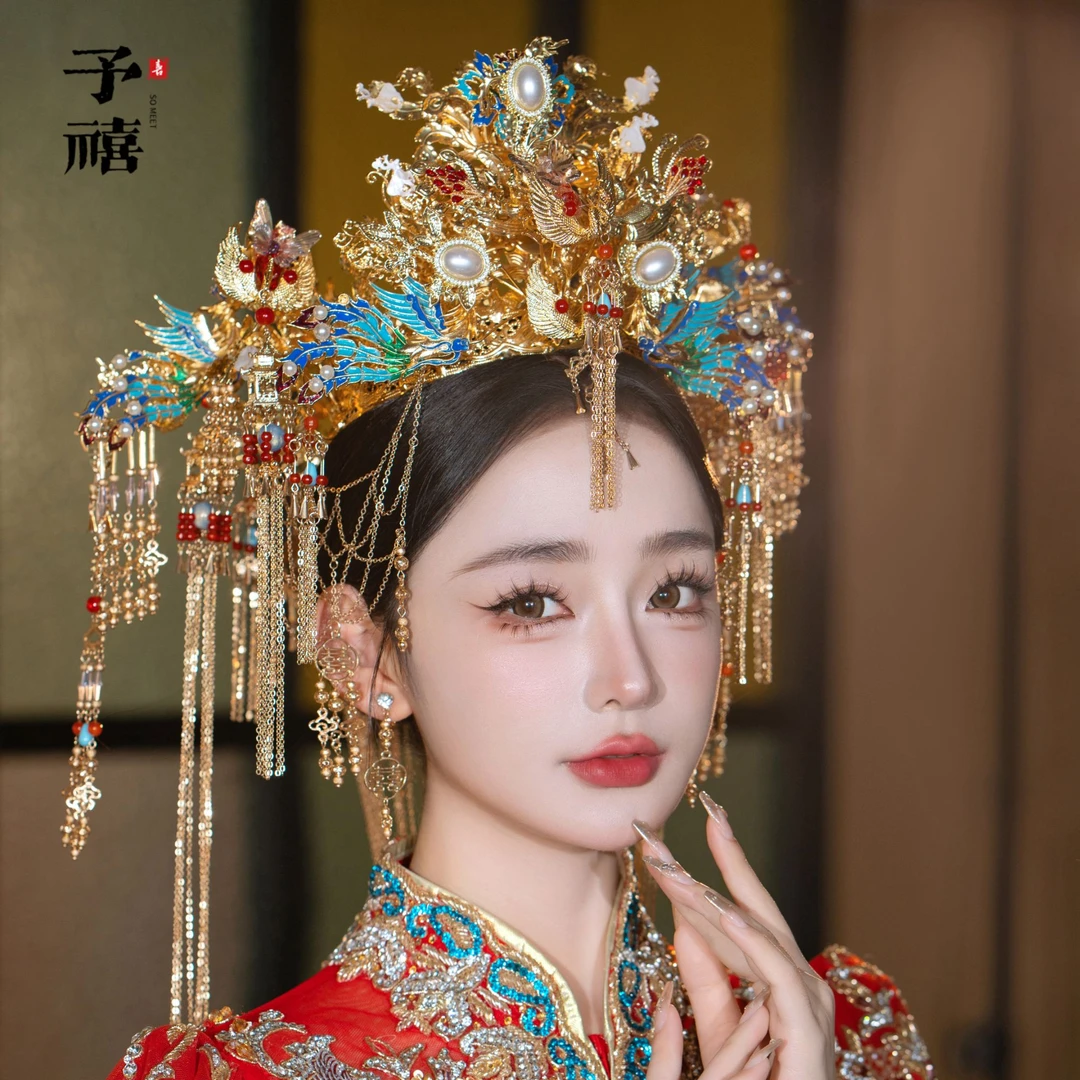 予禧-15239新娘大气头饰中式黄色古风汉服秀禾服龙凤褂流苏发饰品