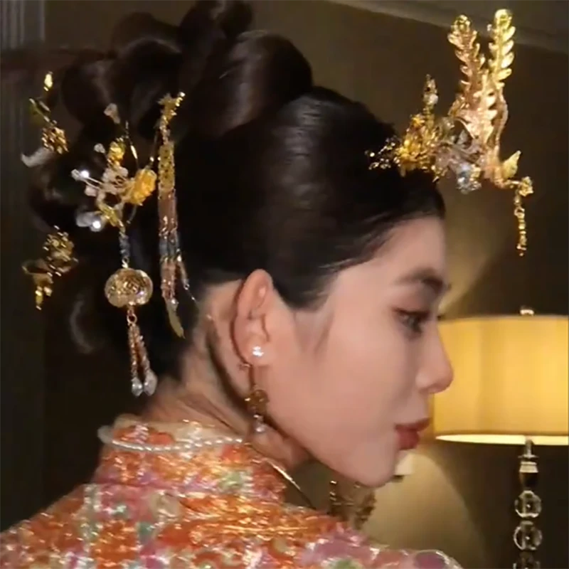 予禧-15252新娘大气饰中式黄色古风汉服秀禾服龙凤褂流苏发饰品