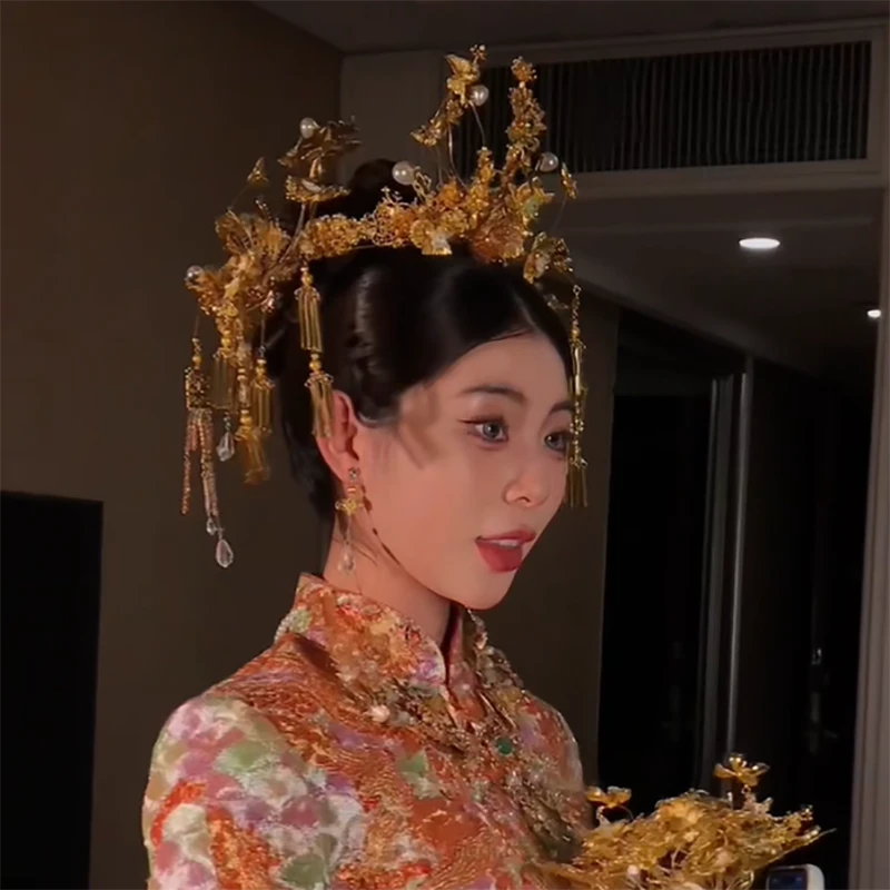 予禧-15255新娘大气饰中式黄色古风汉服秀禾服龙凤褂流苏发饰品