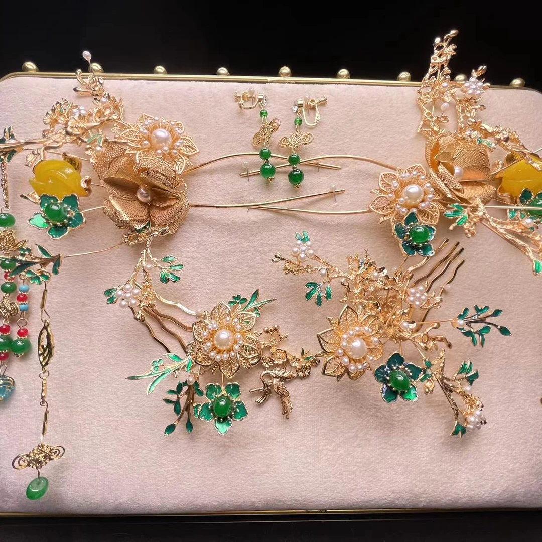 予禧-15189新娘大气头饰中式黄色古风汉服秀禾服龙凤褂流苏发饰品