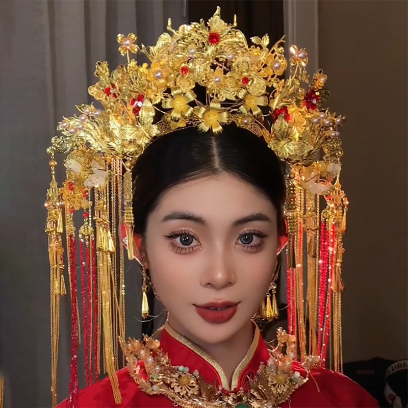 予禧-15254新娘大气饰中式黄色古风汉服秀禾服龙凤褂流苏发饰品