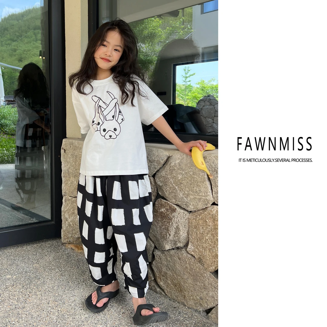 【格调徽章】女中大童装2024新款时尚夏季宽松休闲格子套装xk1050