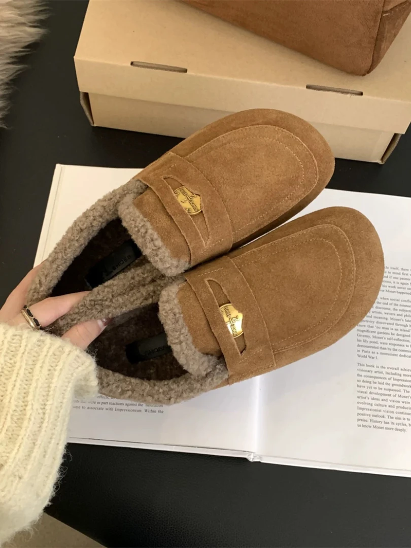 绒面复古加绒乐福鞋女2024新款冬季懒人一脚蹬豆豆鞋金保暖底单鞋
