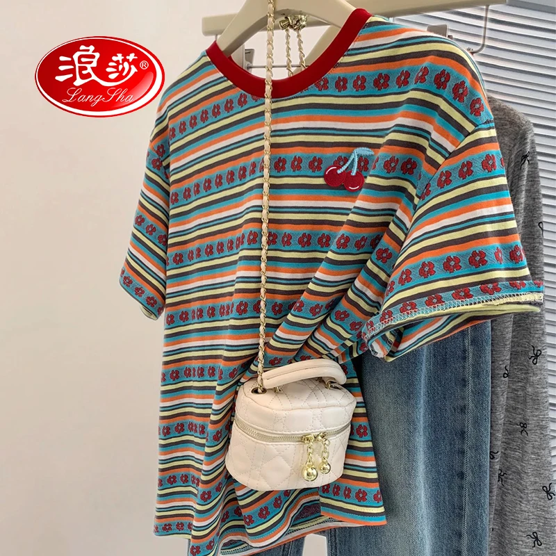 浪莎彩色条纹刺绣短袖t恤衫女夏季设计感小众正肩多巴胺宽松上衣