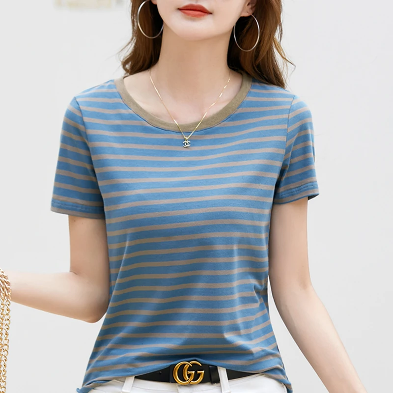 条纹短袖t恤女新款夏季正肩宽松显瘦百搭半袖体桖衫时尚女士休闲