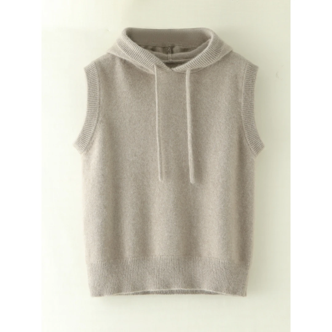 韩版带帽针织马甲女短款宽松帽衫外套羊绒背心连帽大码毛衣坎肩潮