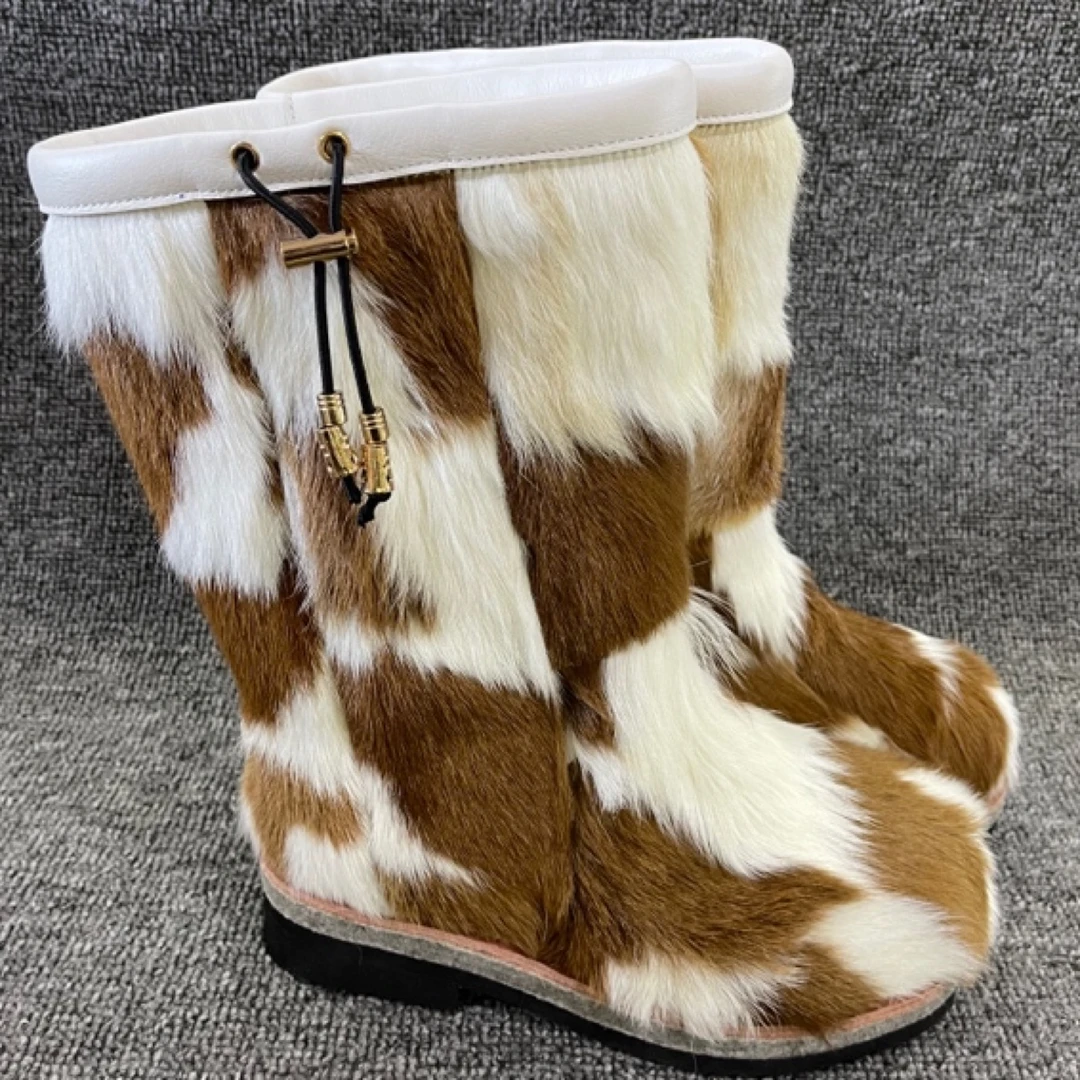 女士黄白色高筒厚底保暖雪地靴女靴筒靴冬季加厚固特异