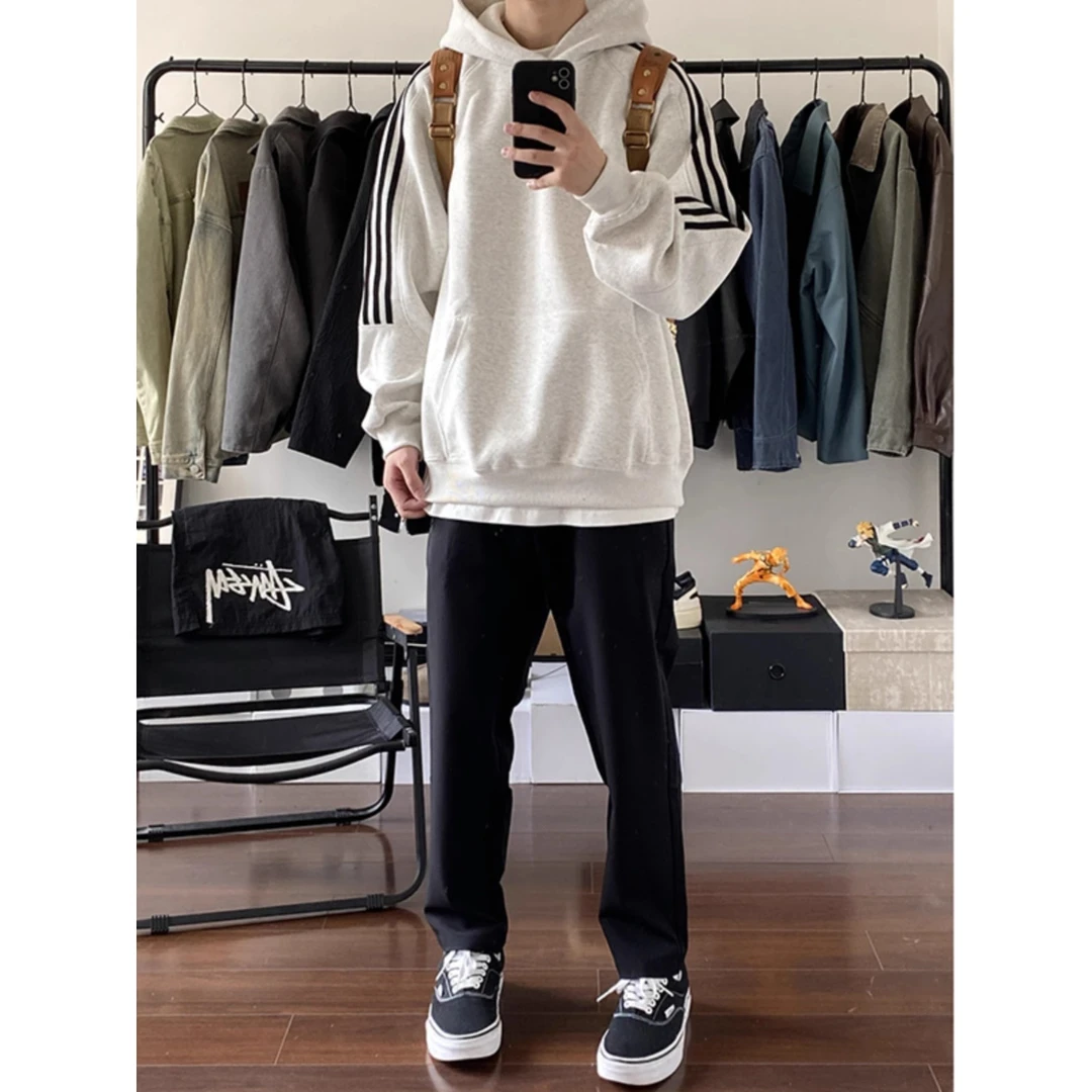 白花灰三条杠重磅质感卫衣男春秋美式潮牌高级感痞帅宽松连帽外套