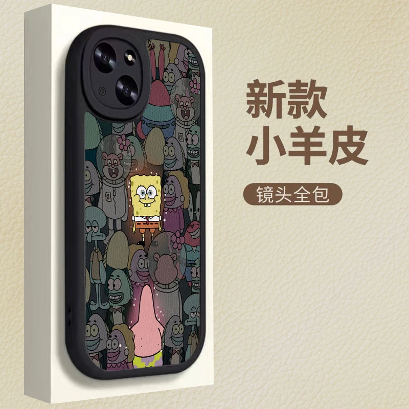 苹果华为OPPO小米VIVO新款闪闪发光海绵宝宝小羊皮硅胶防摔手机壳