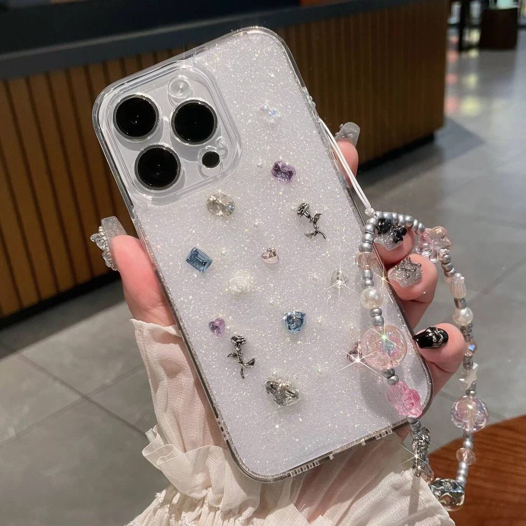 多巴胺彩宝石玫瑰琉璃白闪粉滴胶iphone15华为oppo小米vivo手机壳