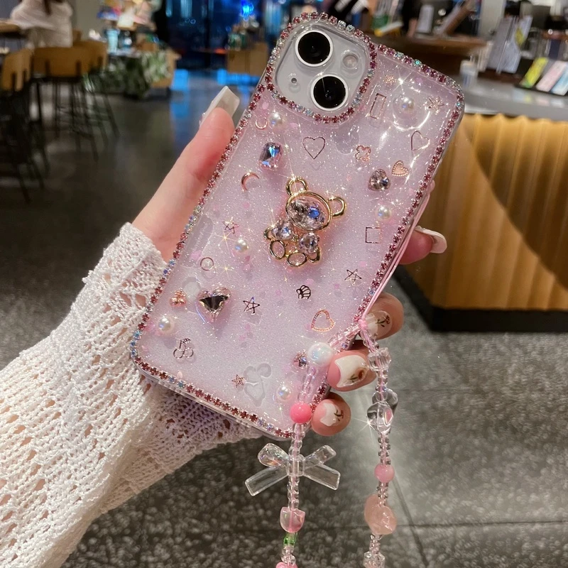 魔法小熊粉爱心闪钻滴胶iphone15华为oppo小米vivo手机壳原创轻薄