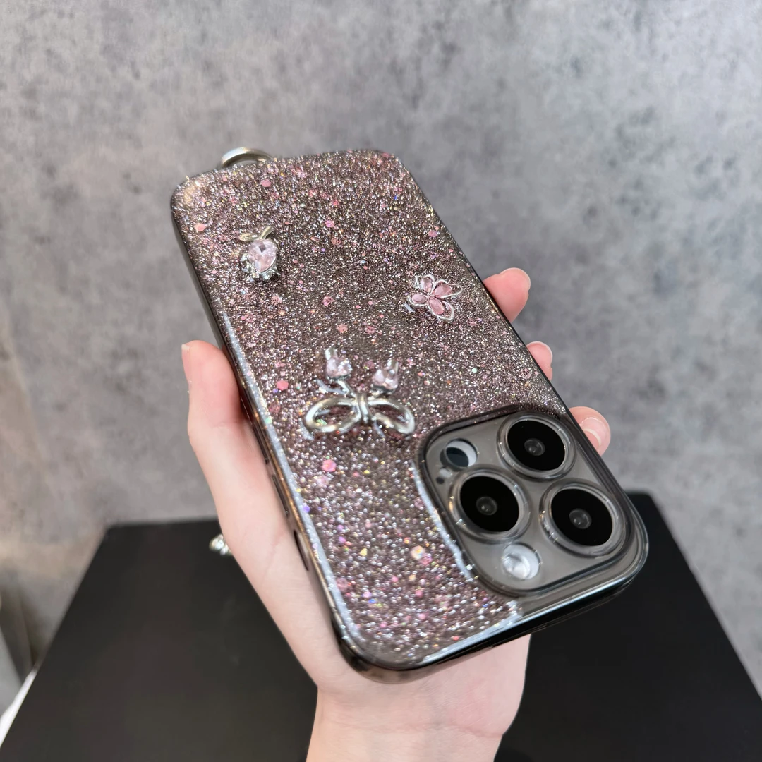 黑粉蝴蝶结水钻闪粉滴胶适用苹果iphone15华为oppo小米vivo手机壳