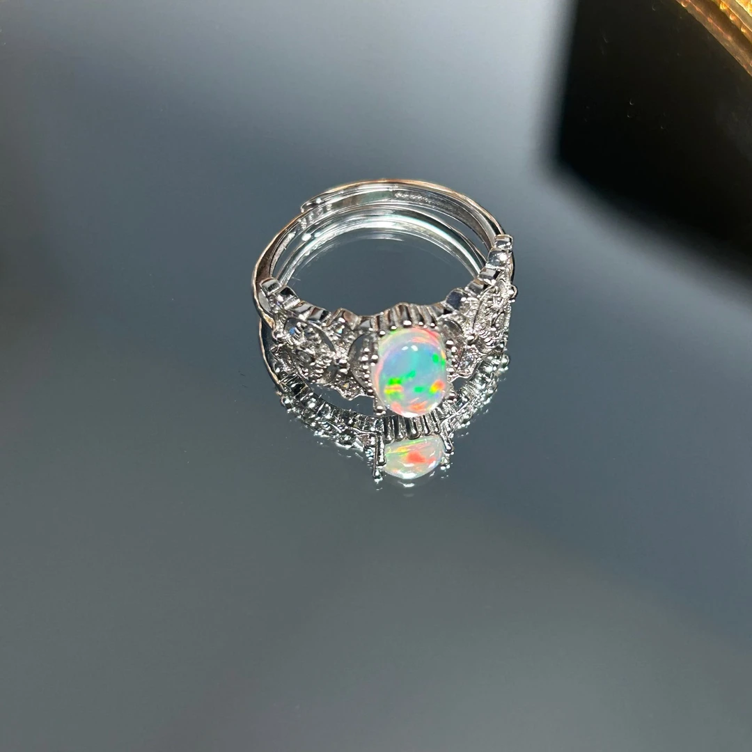 天然欧泊宝石戒指中式中国风宽戒臂S925银珠宝饰品轻奢公主气质