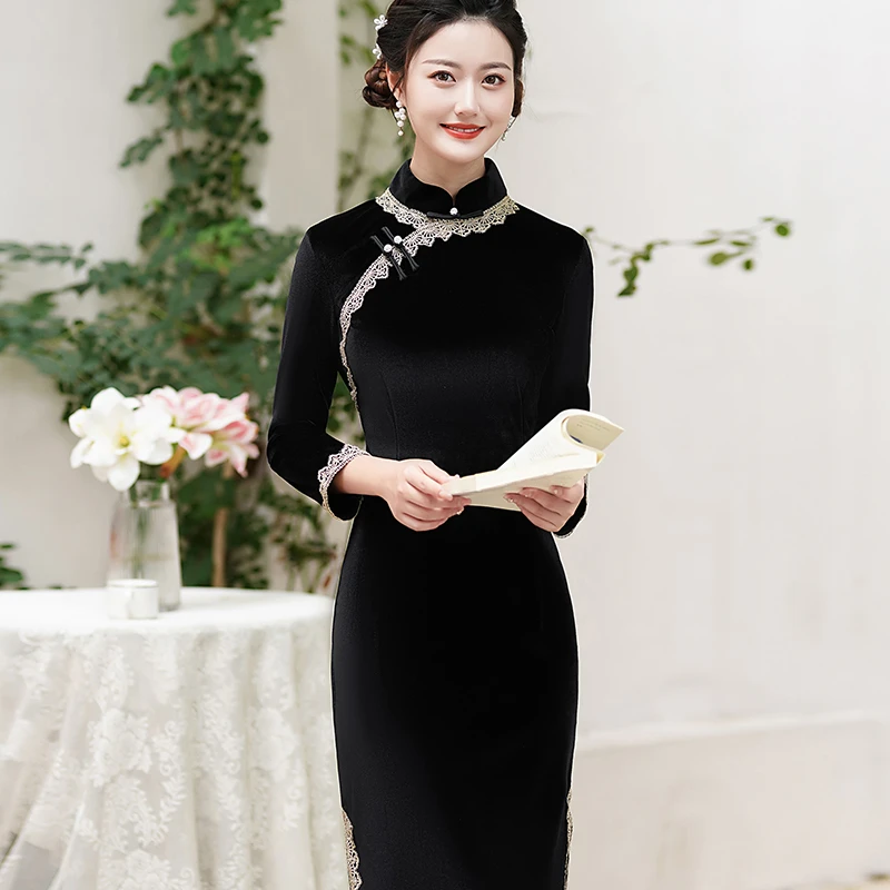 高档妈妈装显瘦黑色新中式旗袍裙复古中国风优雅礼服连衣裙秋冬款