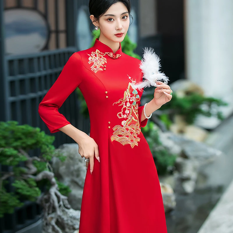 喜婆婆红色中式婚礼高贵旗袍显瘦双面醋酸缎刺绣敬酒服礼服连衣裙