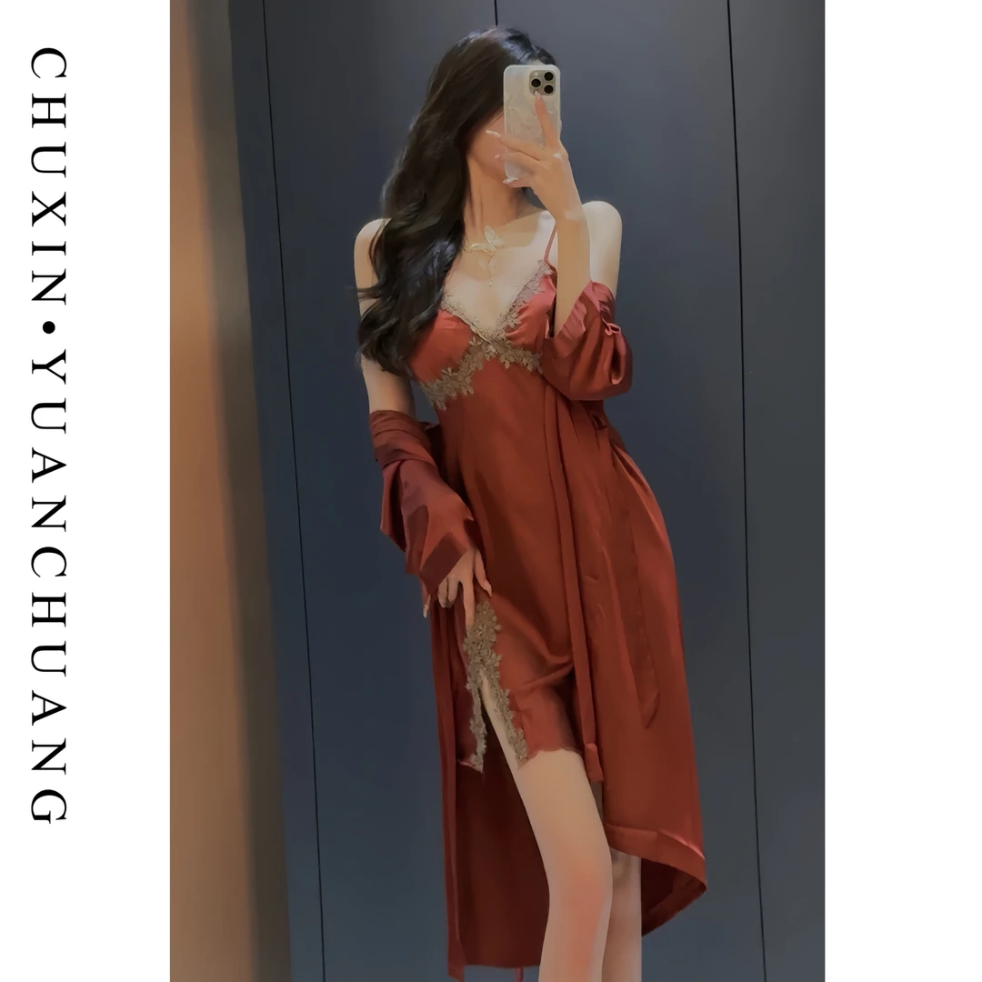 【午夜巴黎】刺绣交叉款睡衣女春季晨袍轻奢薄款睡裙睡袍家居服薄