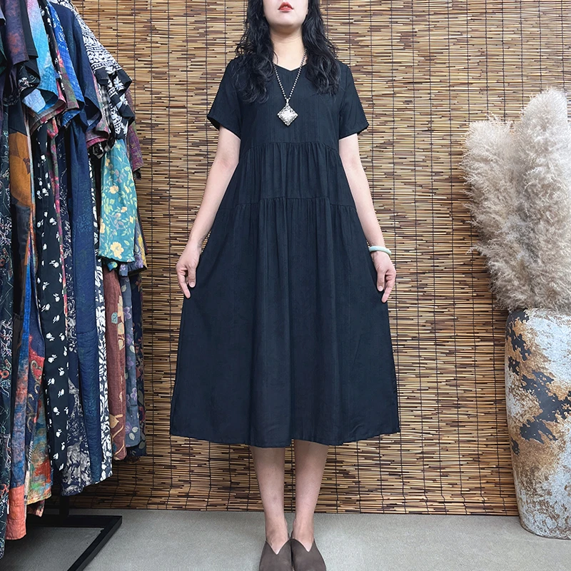 1821#夏季大码复古休闲时尚文艺宽松气质绣花过膝宽松显瘦连衣裙