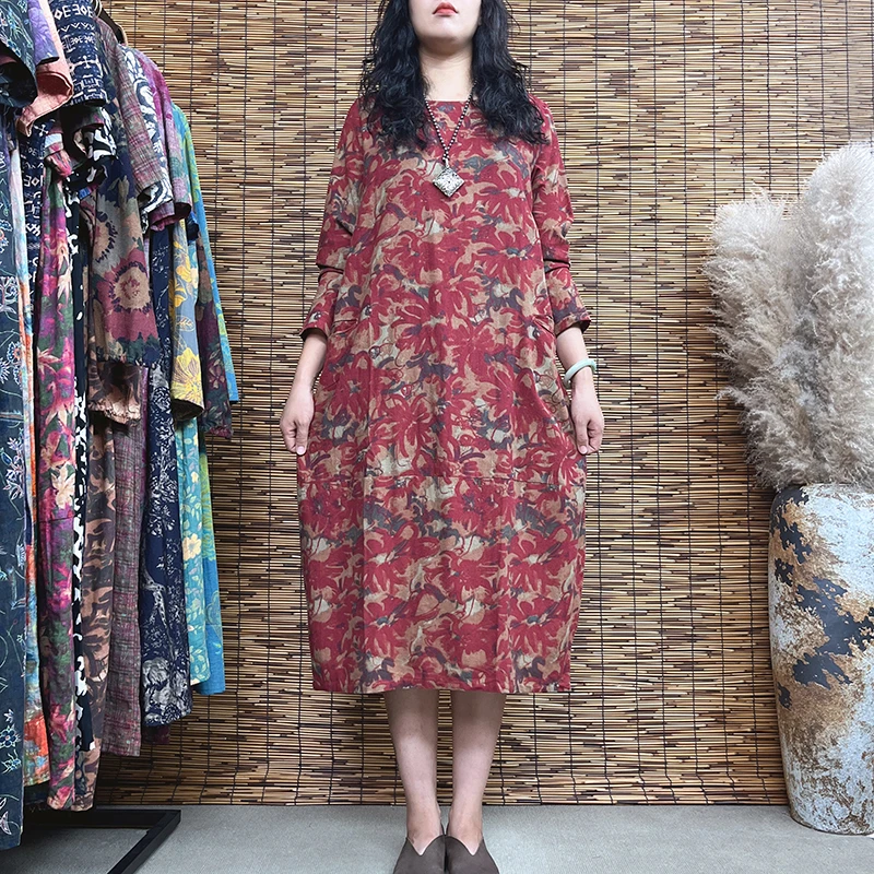 2853#秋冬新款妈妈装宽松A字版加厚时尚复古民族风大码长袖连衣裙